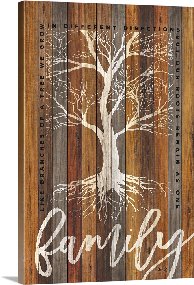 Family-themed typography artwork with a tree design on a background of various wooden boards.