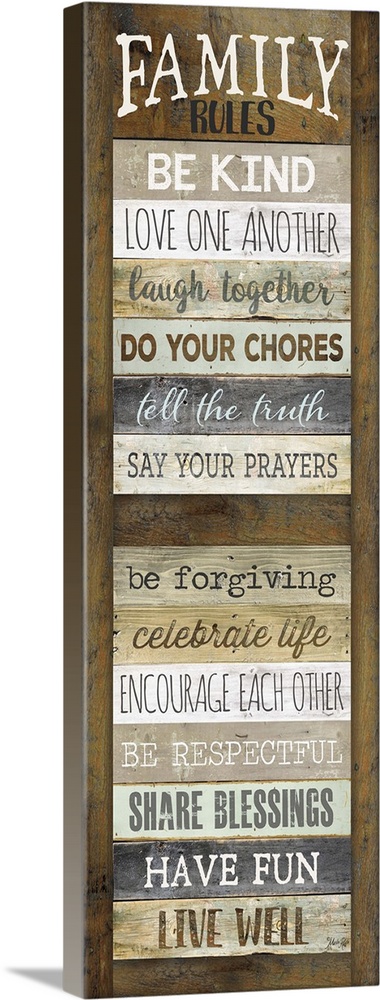 Typography art of a list of family "Rules" such as doing chores and having fun, with the semblance of being painted on an ...