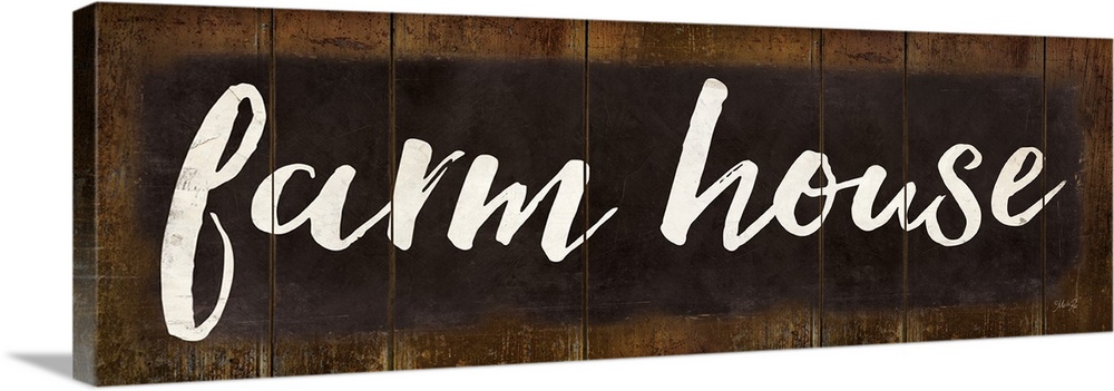"Farm House" in white handlettered script on a weathered brown background.