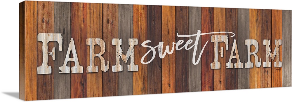 Farmhouse-themed typography artwork on a background of various wooden boards.