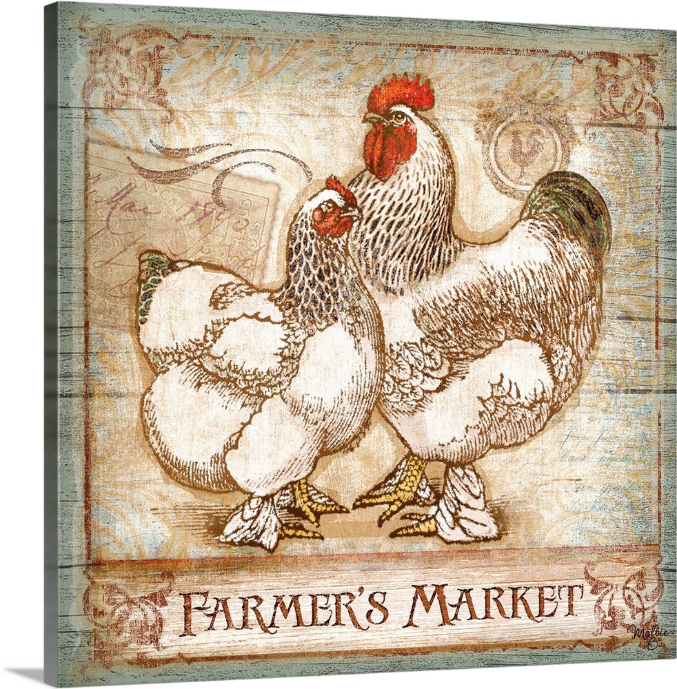 Home decor artwork of two white hens against a distressed wooden background.