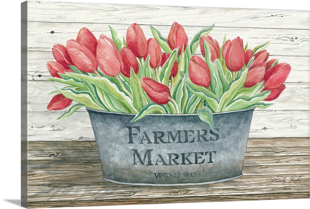 Decorative artwork of a planter filled with tulips.