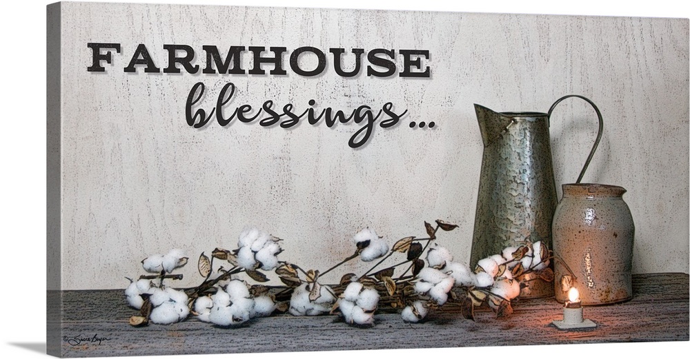 This still-life photograph features rustic elements with the words, Farmhouse blessings, above it.