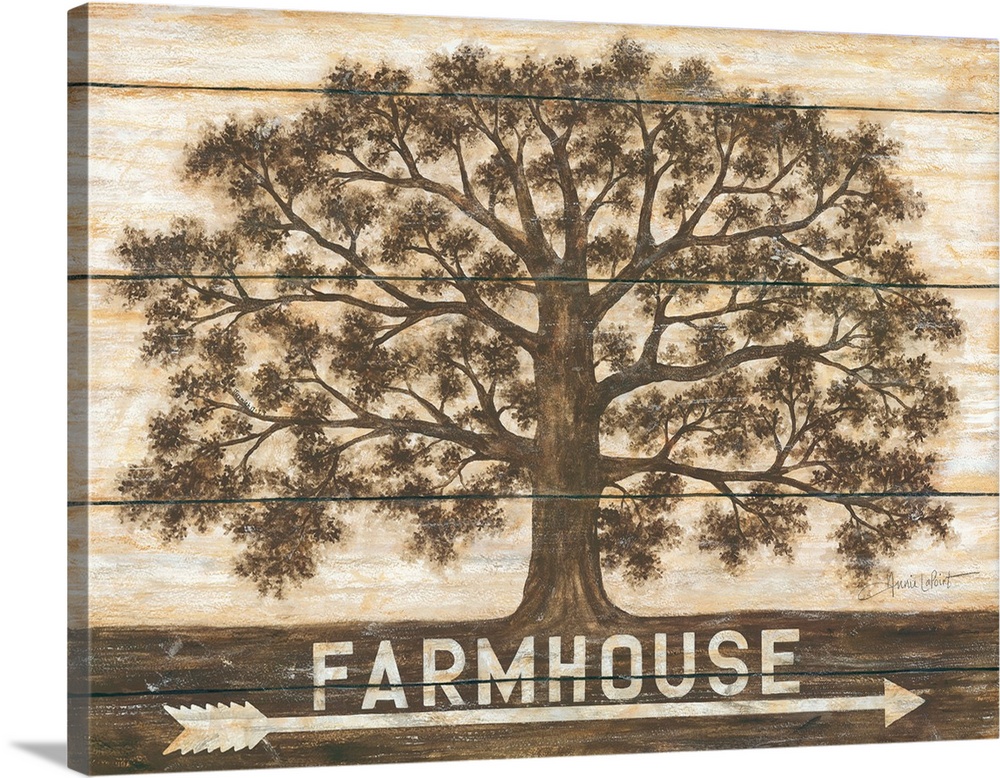 Painting of an oak tree with lots of leafy branches and the word "Farmhouse" with an arrow beneath it.