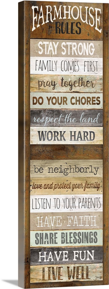 Typography art of a list of farmhouse "Rules" such as doing chores and having fun, with the semblance of being painted on ...