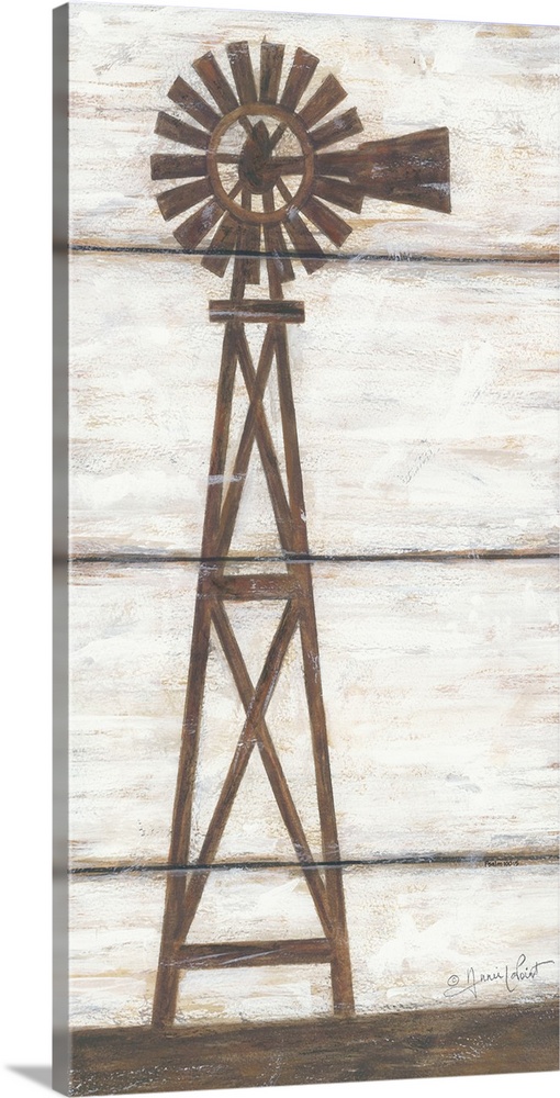 Painting of a silhouetted windmill with the appearance of a wooden board background.