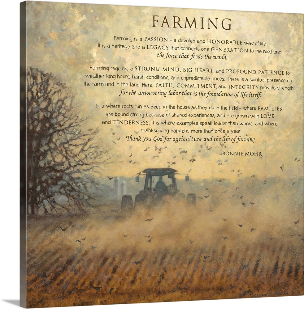 Painting of a tractor in a field with text about the farming and country life.