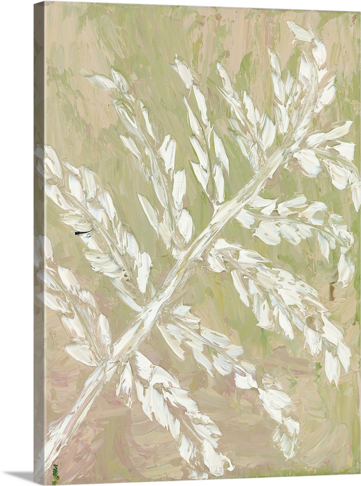 Vertical abstract painting of a fern branch in textured brush strokes.