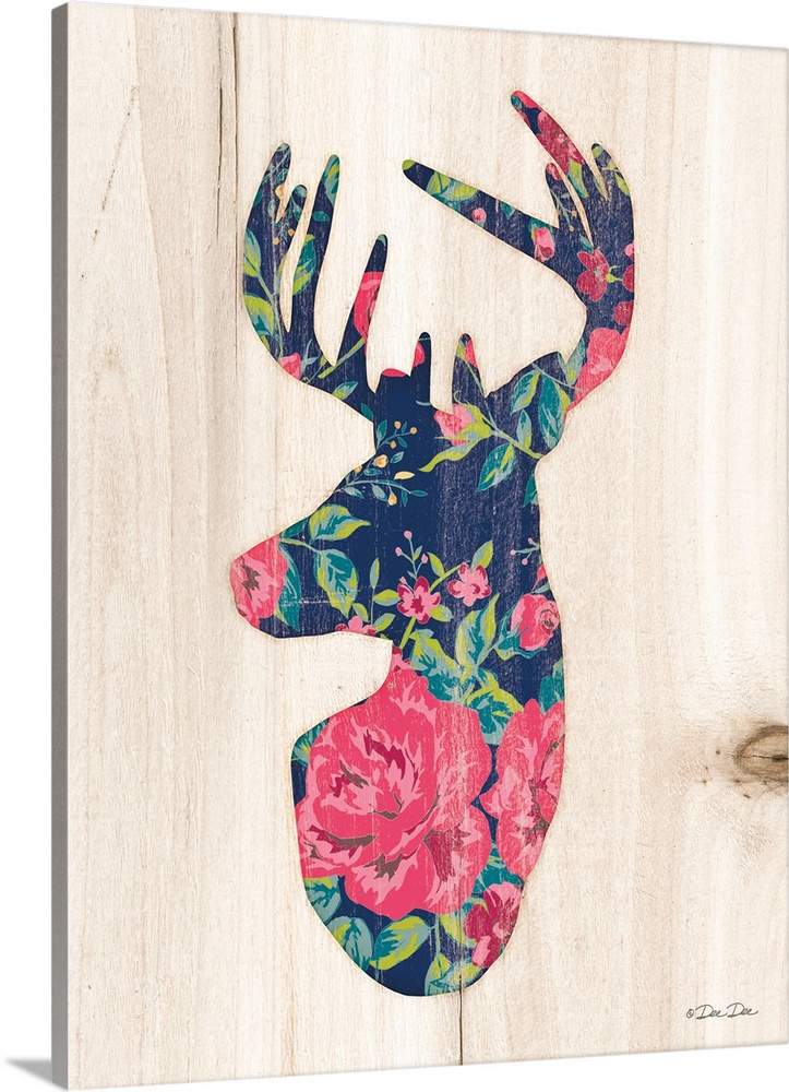 Silhouette of a deer with a pink and navy floral motif.
