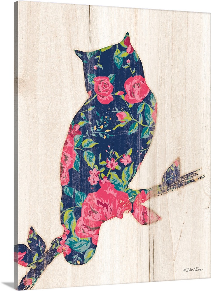 Silhouette of an owl with a pink and navy floral motif.