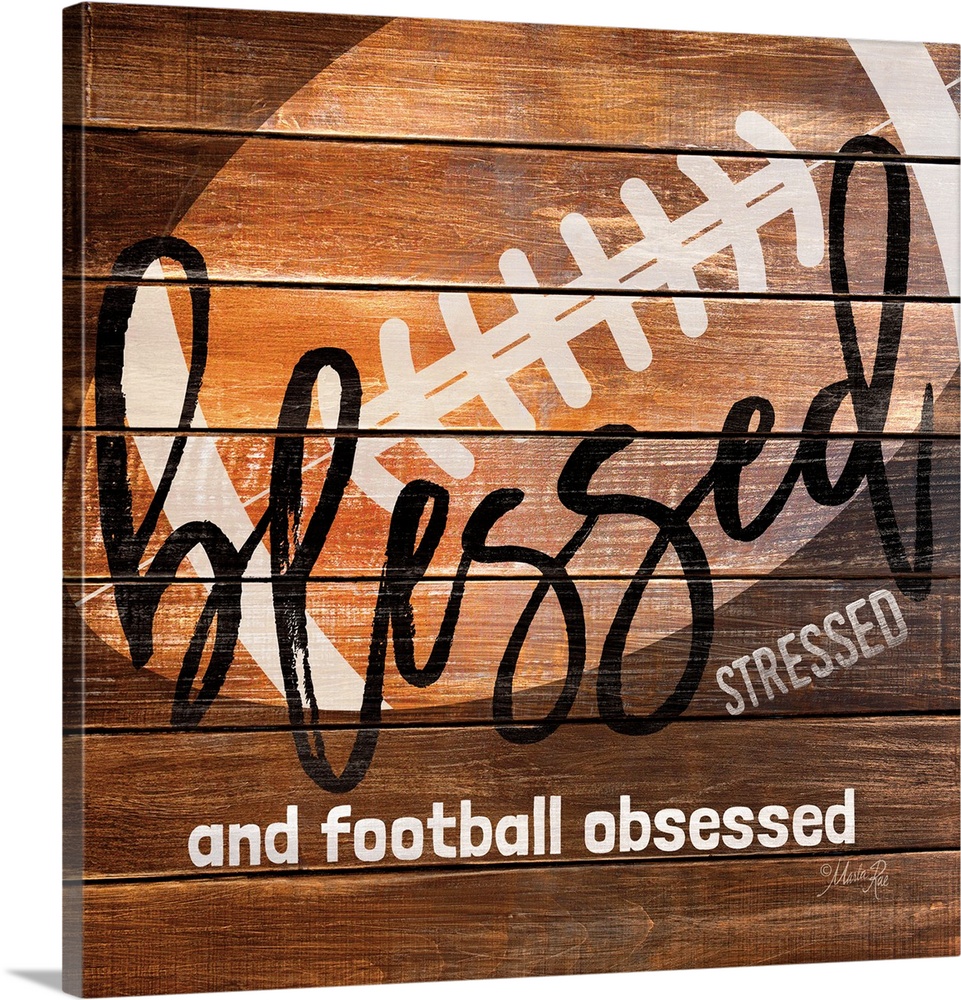 Football themed typography art on a wooden board background.