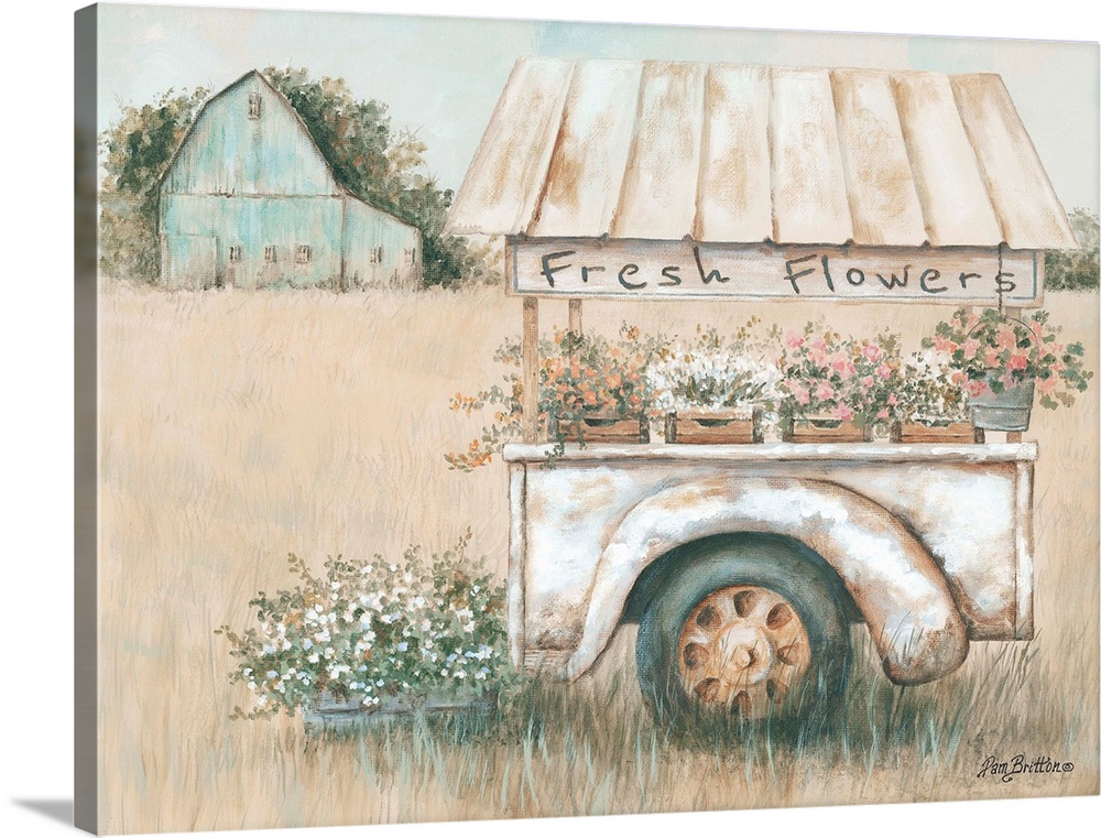 Contemporary artwork of trailer wagon filled with flowers against a countryside landscape.