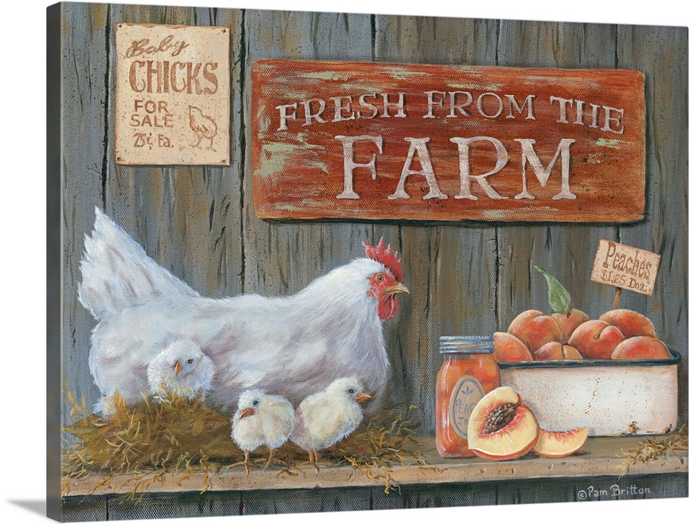 A hen with three chicks next to fresh peaches and a sign that reads "Fresh From The Farm."
