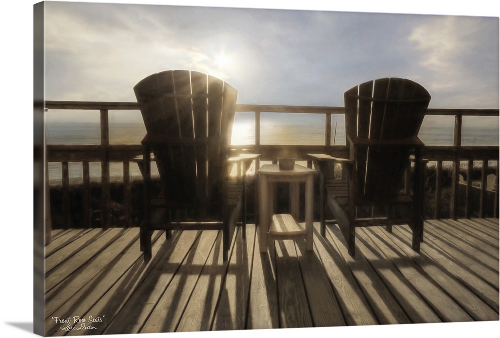 Sunlight shining on wooden deck chairs, casting long striped shadows.