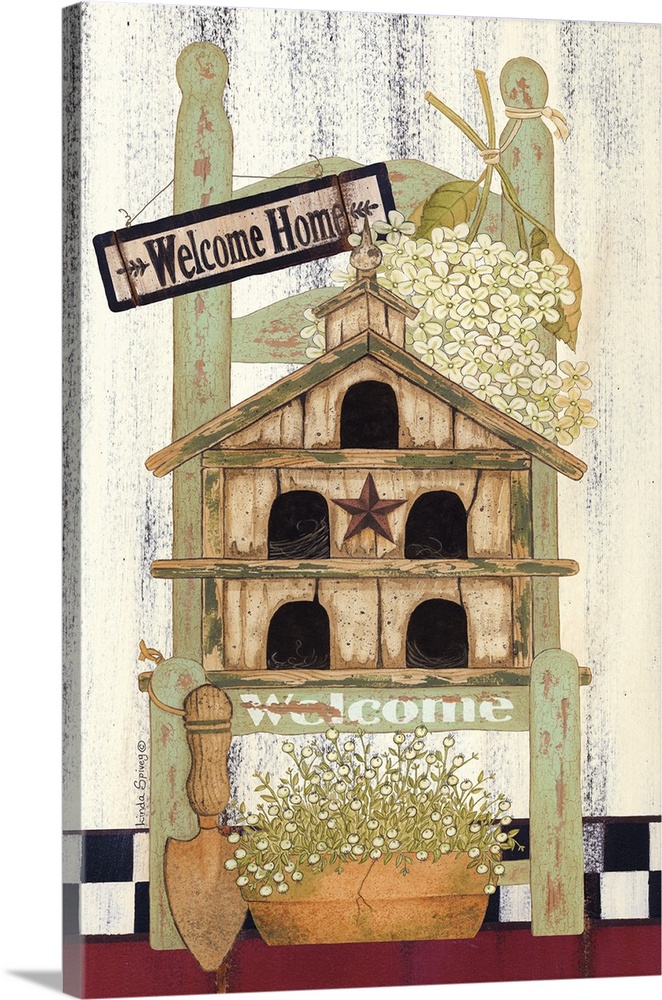 Decorative artwork of a birdhouse and a welcome home sign in a rustic country style.