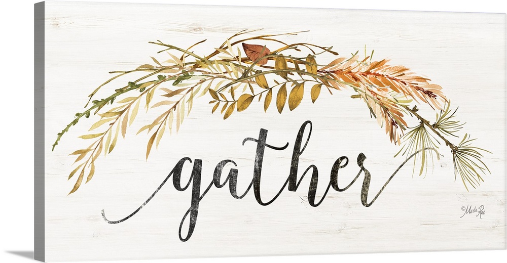 "Gather" surround by a wreath of fall foliage.