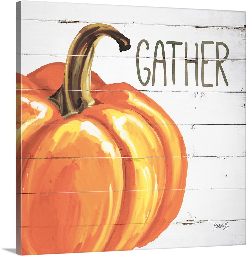 Square Autumn decor with a painted pumpkin on a faux white washed wood background with "Gather" written at the top.