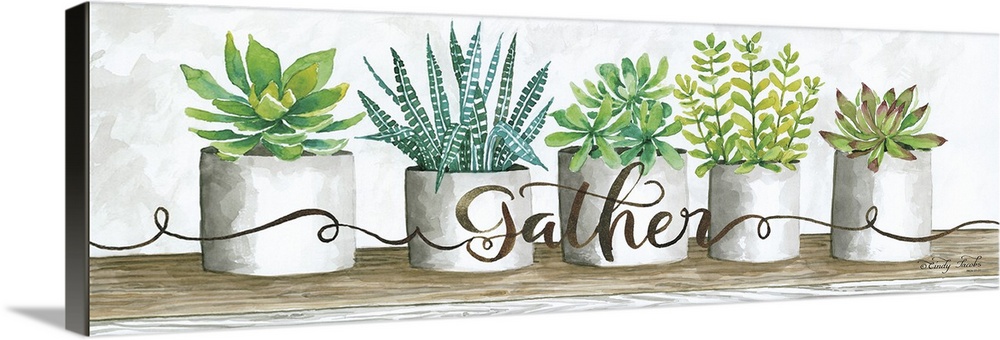 The word, gather, is placed over planters filled with bright green and blue succulents.