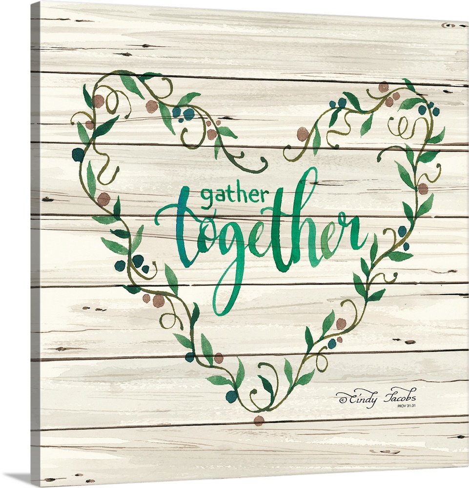 Decorative artwork featuring these words over white shiplap: Gather together.