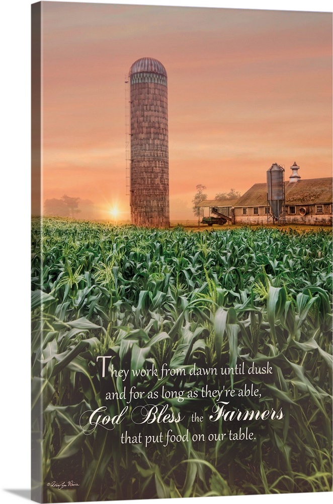 A prayer for farmers over an image of green fields near a silo and farmhouse at sunset.
