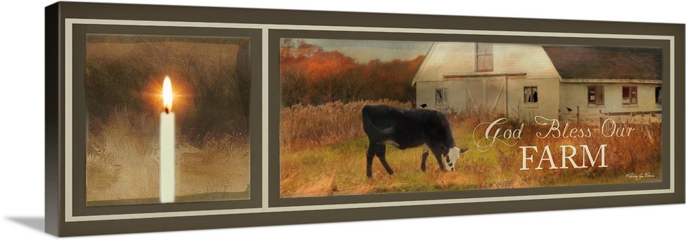 Faith-based artwork of a cow grazing in front of a white barn with a lit candle in the foreground.