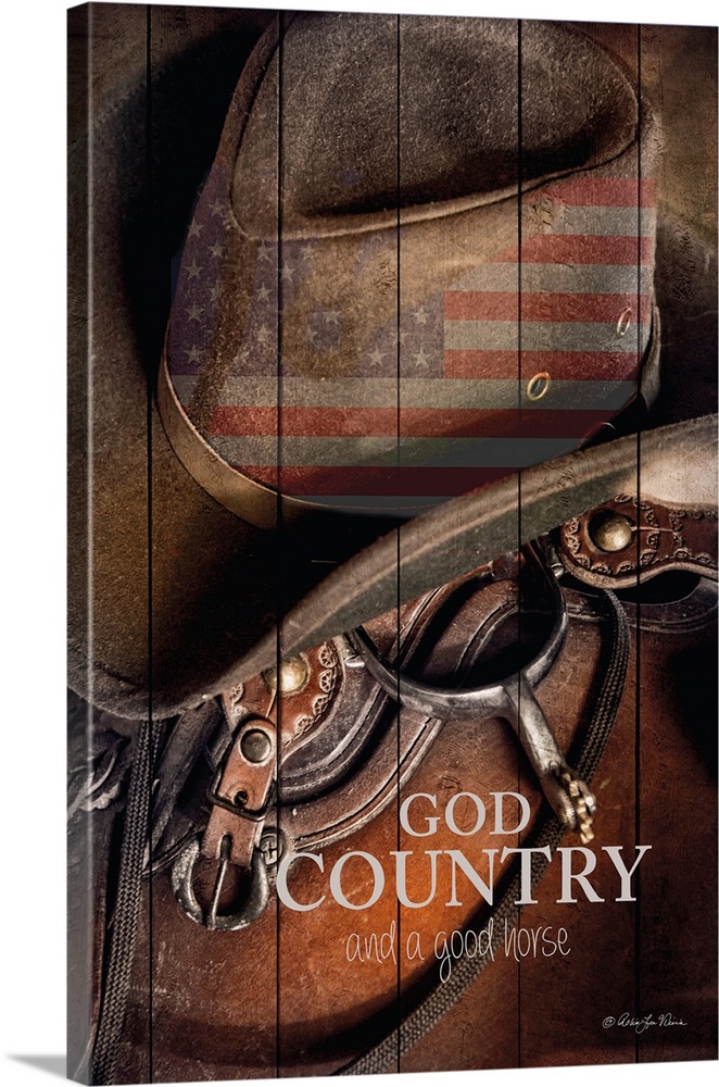 The words: Good country and a good horse, are placed over a hat with an american flag and a saddle.