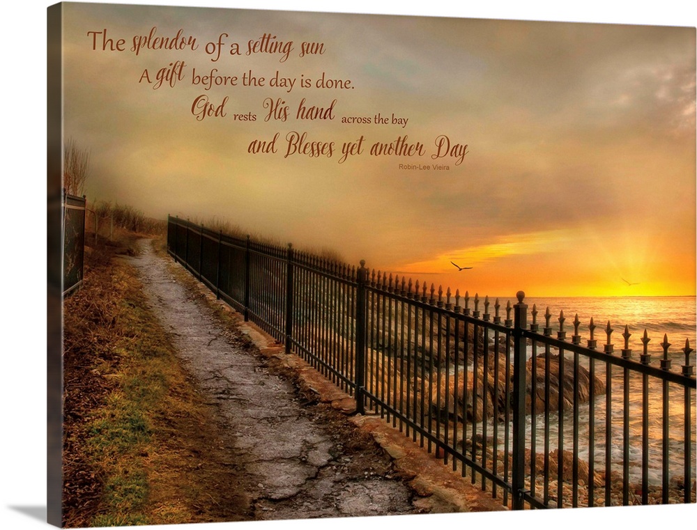 A walkway with an iron fence along the coast, with a bible verse.