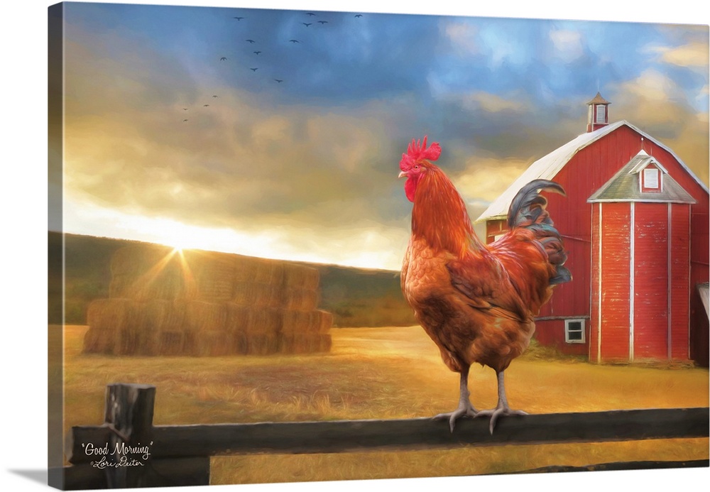 Digital artwork of a rooster with a farm landscape in the background and the title, Good Morning, in the bottom left corner.