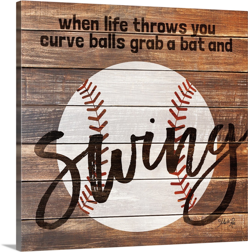 Baseball themed typography art on a wooden board background.