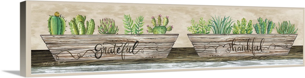 Decorative artwork featuring planters filled with succulents and cacti.
