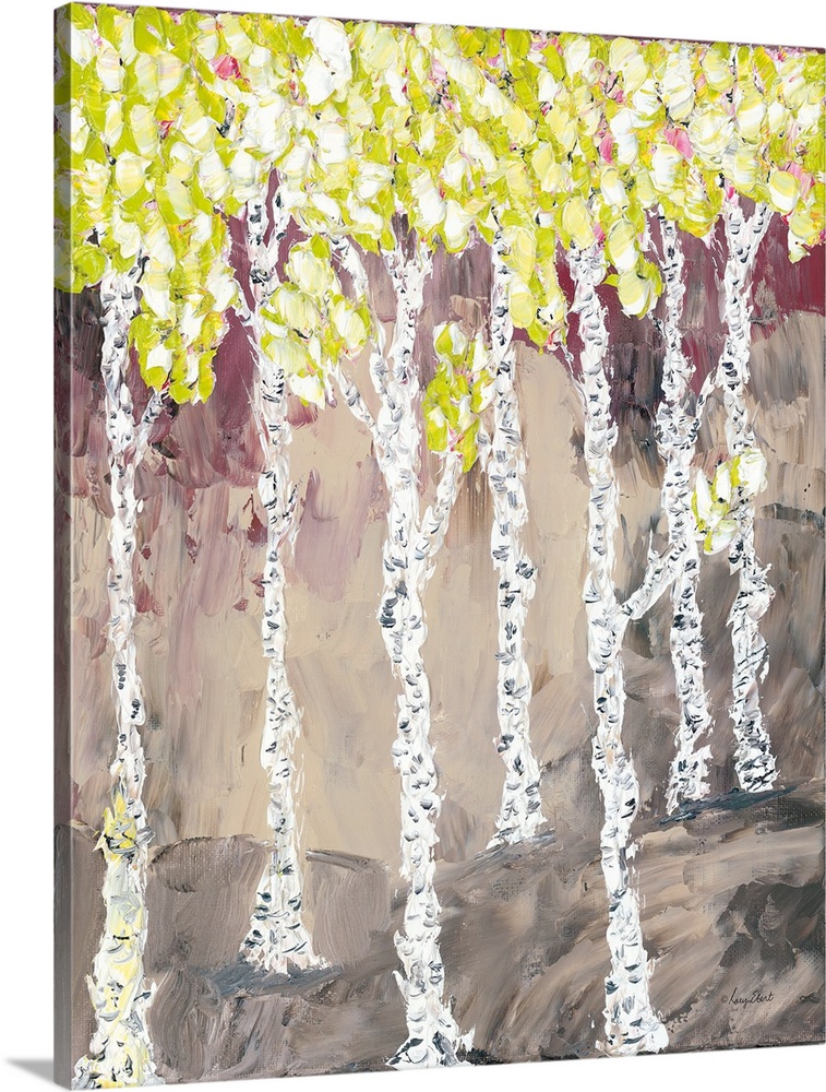Contemporary artwork of a forest of thin birch trees with yellow leaves.