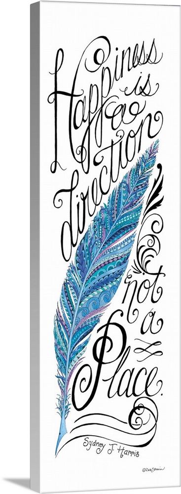 Vertical handlettered artwork of an inspirational quote, with a blue feather design.