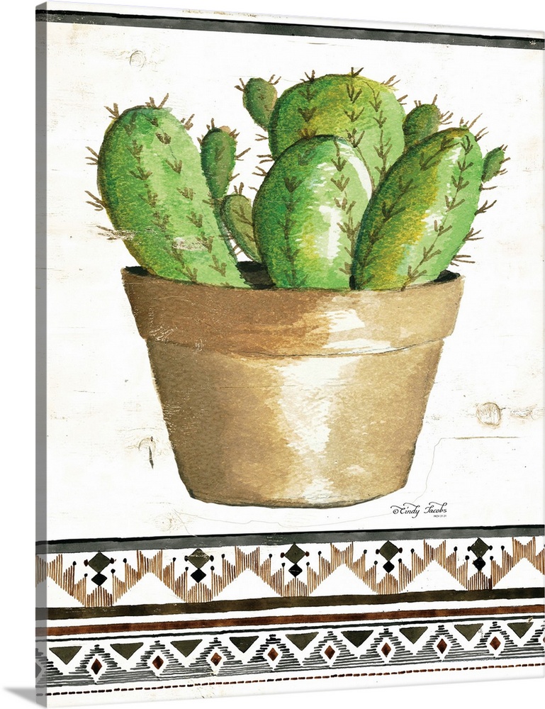 Watercolor cactus with a Southwestern pattern.