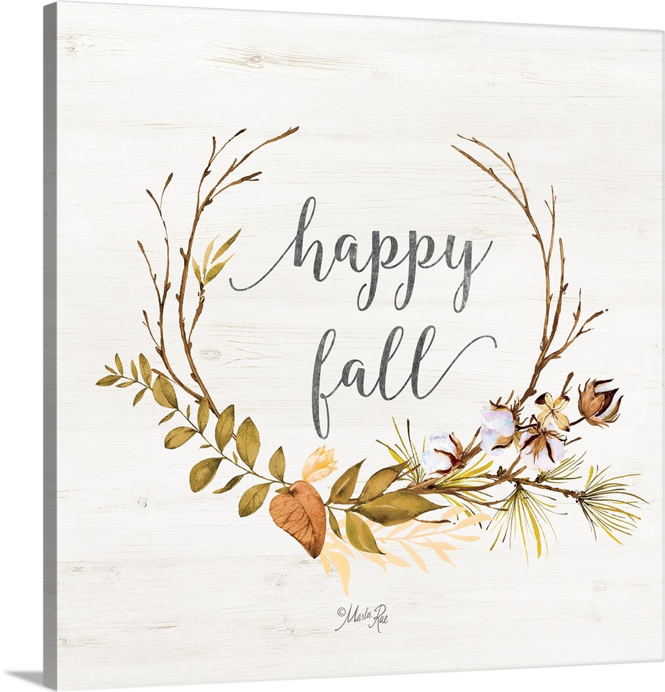 "Happy Fall" framed with fall leafs on a white washed wood background.