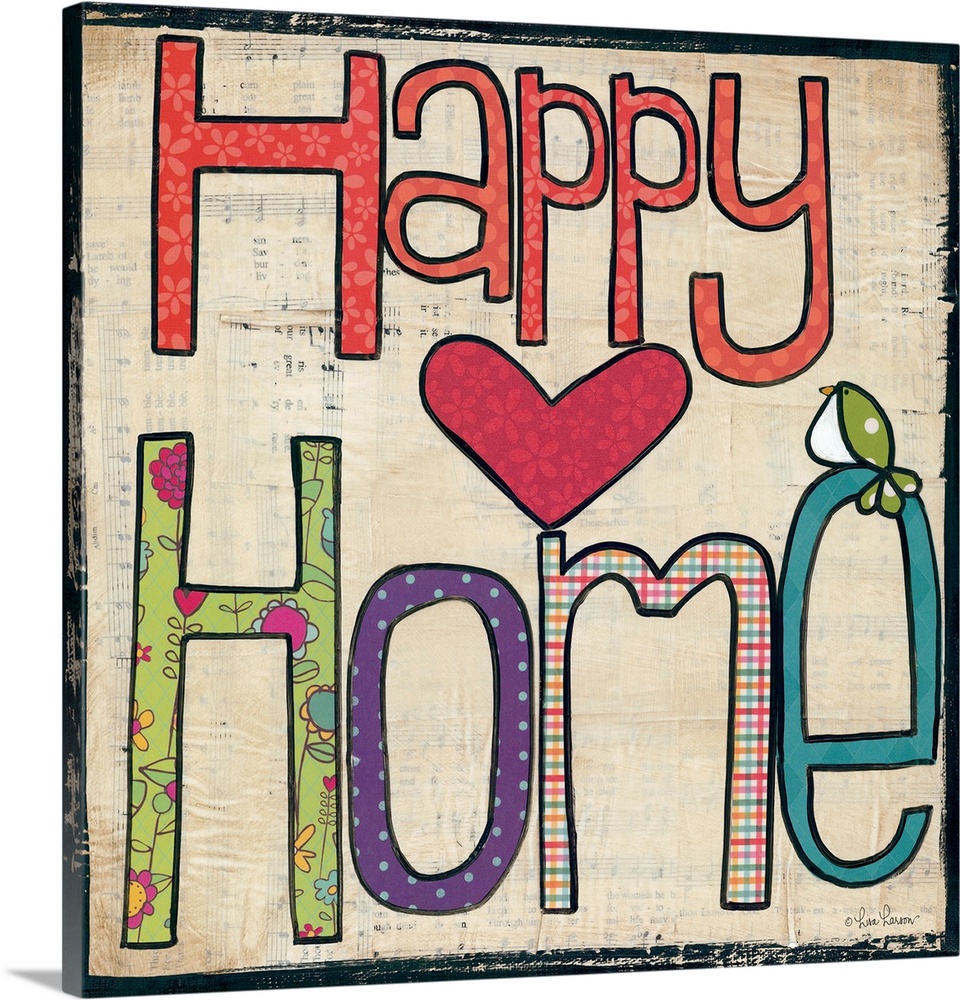 Handwritten typography art reading "Happy Home" with a heart and small bird.