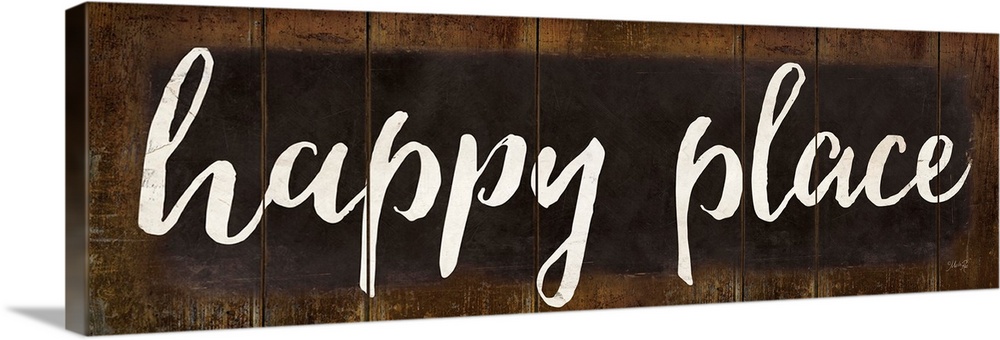 "Happy Place" in white handlettered script on a weathered brown background.