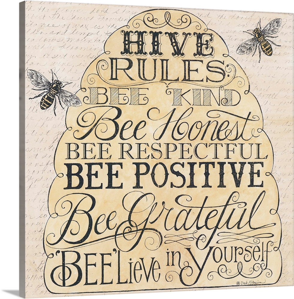 Handlettered home decor art of bees hovering around a bee hive filled text.