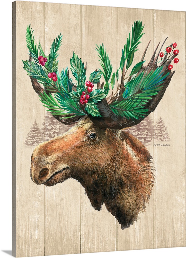 This decorative artwork features a contemplative moose with greenery and berries weaved through its antlers.
