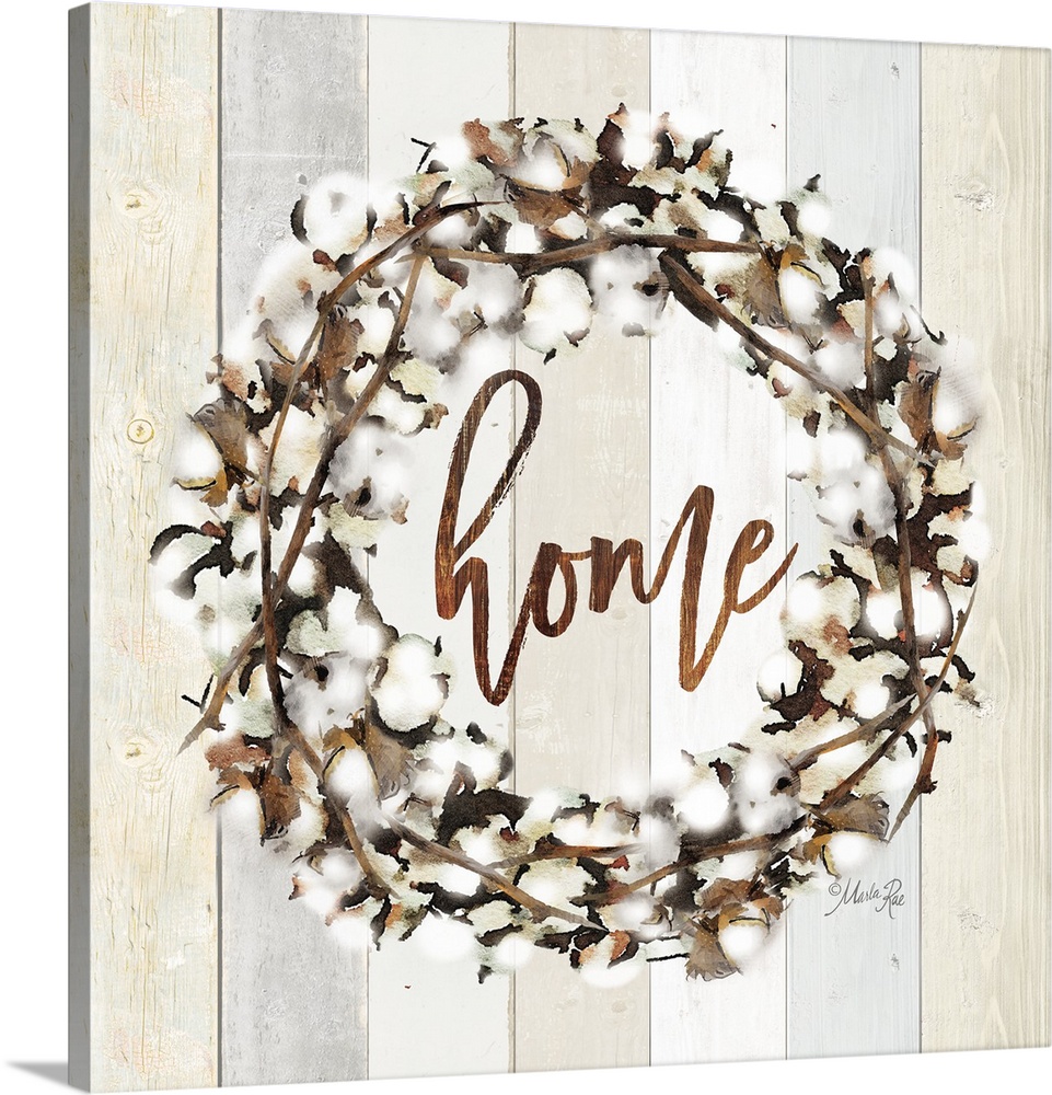 "Home" in the middle of a wreath of cotton against a shiplap background.