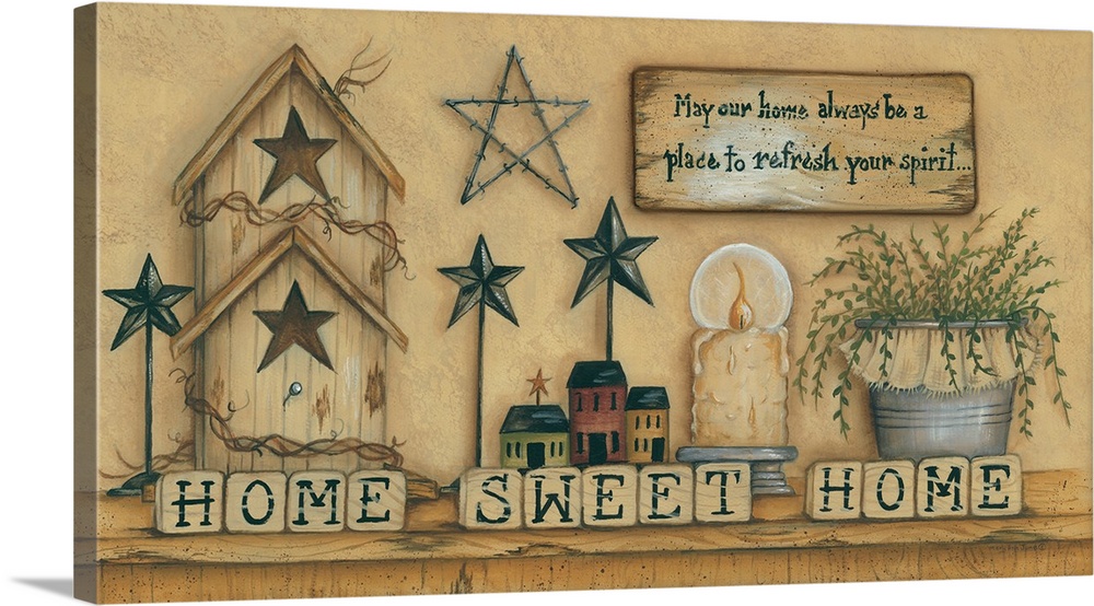 A shelf filled with items including a candle, stars, and a birdhouse, with "Home Sweet Home" spelled out in blocks.
