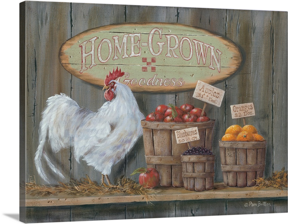 A white chicken with small barrels of fresh produce with a sign that reads "Homegrown Goodness."