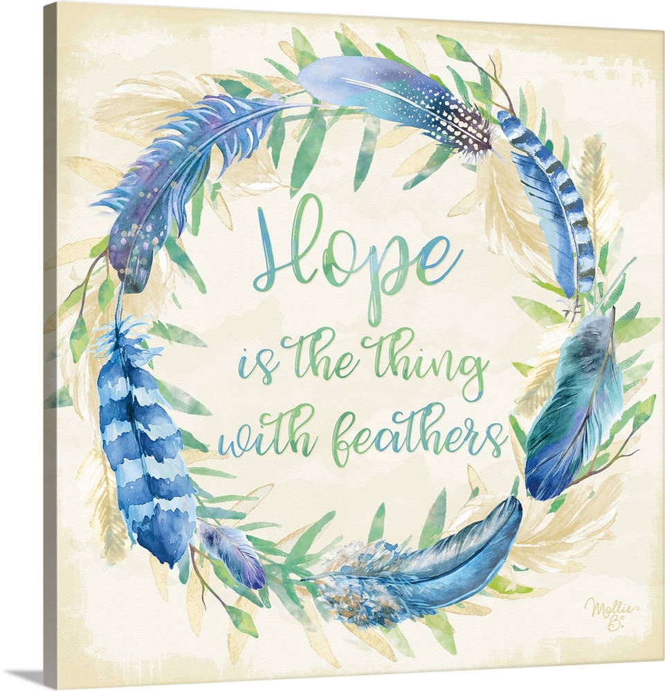 Handlettered inspirational text in a watercolor wreath of blue feathers.