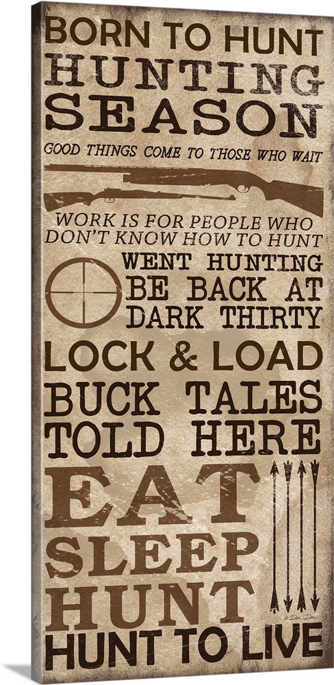 Typography art with a hunting theme, with a gun and arrow motif.