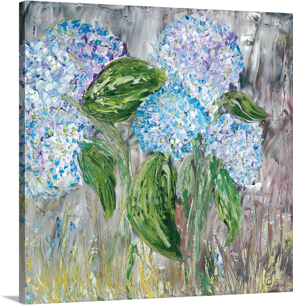 Contemporary painting of blue and lavender hydrangeas blossoming.