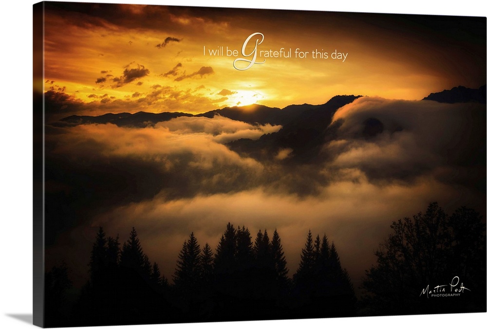 The words: I will be grateful for this day, are placed over a peaceful landscape.
