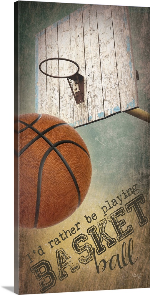 A basketball typography design with a ball and the hoop and backboard.