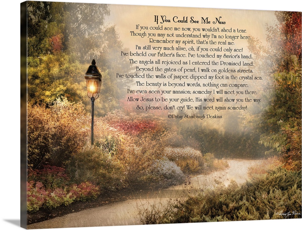 Sentimental poem about life over an image of a streetlamp near a garden path in low evening light.