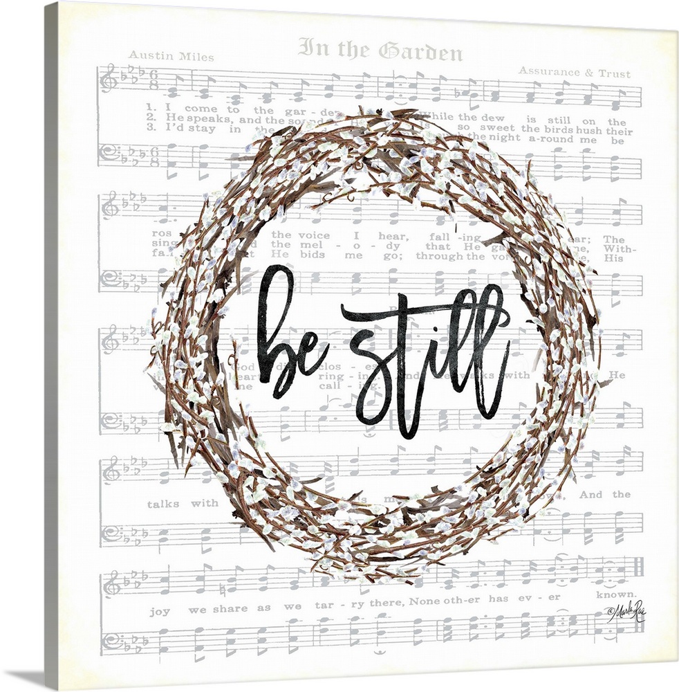 Be still wreath with the sheet music for "In the Garden" in the background.