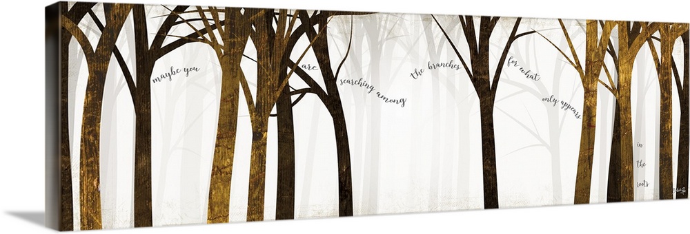 Artwork of a bright forest with tall trees in shades of black and brown.