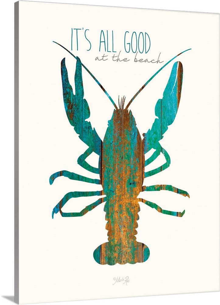 Lobster silhouette with a turquoise and orange weathered wood effect.
